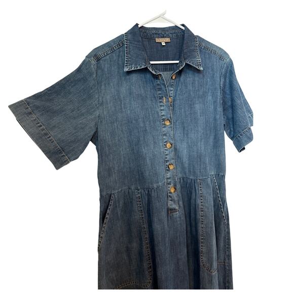 Lilla P blue Denim collared midi dress button front short sleeves small - Picture 3 of 13